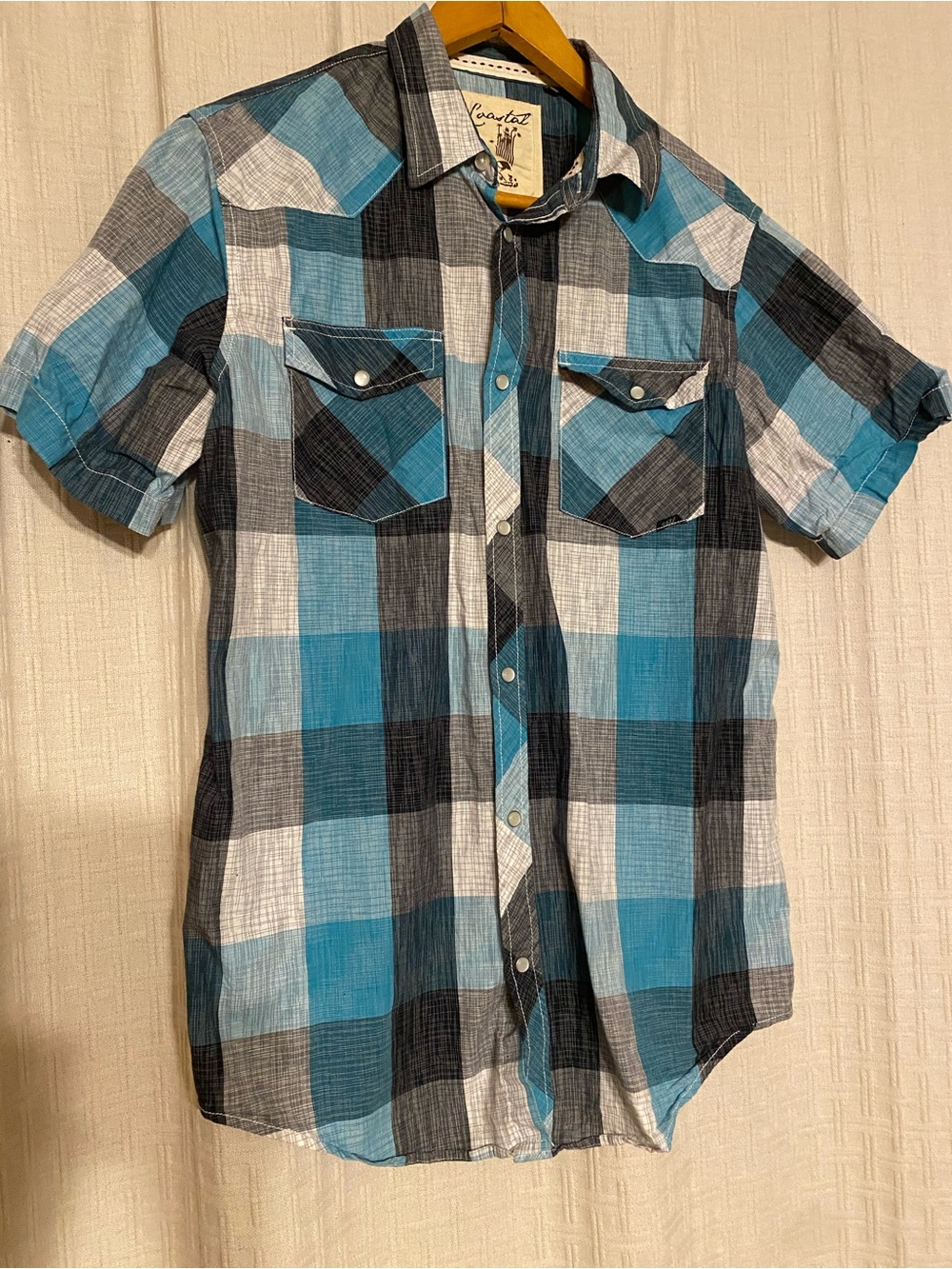 Costal Mens Large Blue/Black/White Plaid Pearl Snap Button Short Sleeve Shirt
